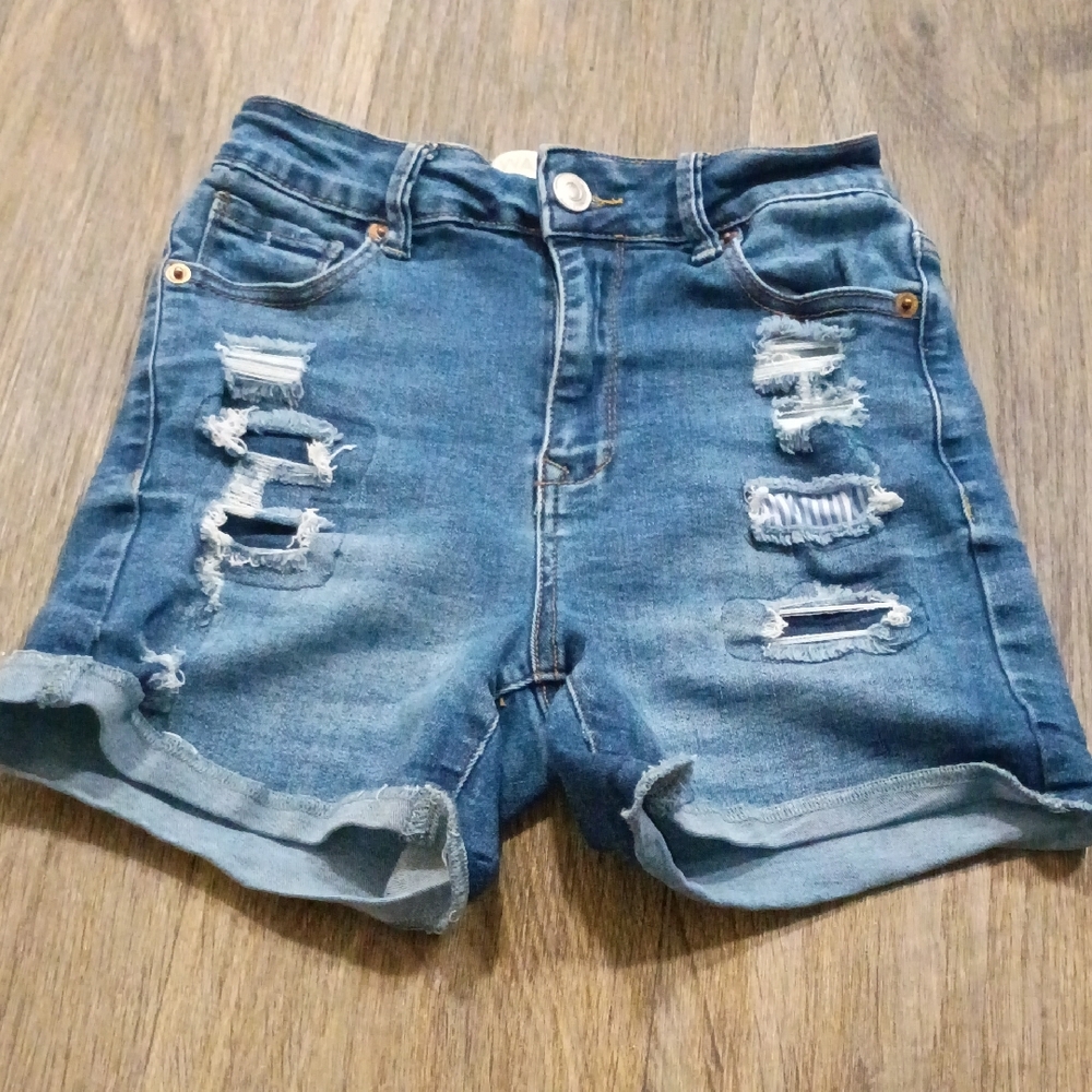Wax Jean Distressed Blue Rolled-Hem Denim Shorts